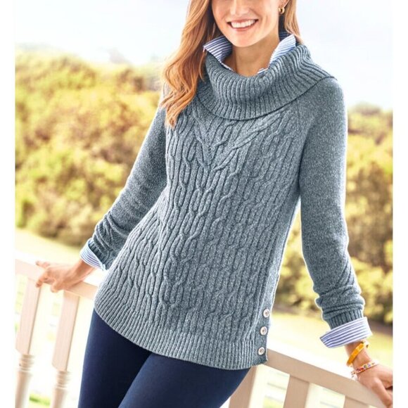 Talbots Cable Cowl Neck Sweater Tan Marled Gold Button Detail Sustainable Size M - Picture 4 of 8